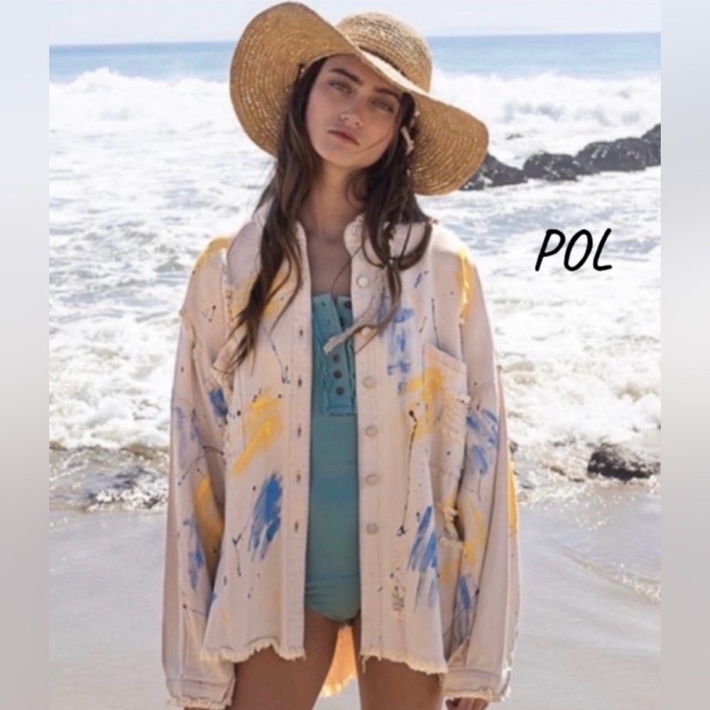 NWOT POL Oversized Distressed Edge Hem Twill Shacket.  Size Small.